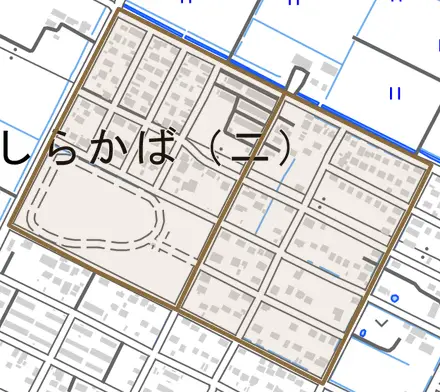 しらかばとその周辺の地図。町の範囲を重ねている