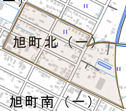 旭町北とその周辺の地図。町の範囲を重ねている
