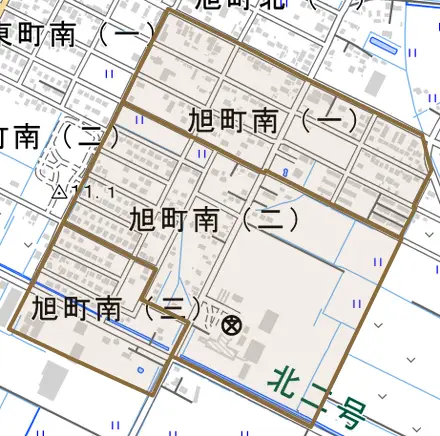 旭町南とその周辺の地図。町の範囲を重ねている