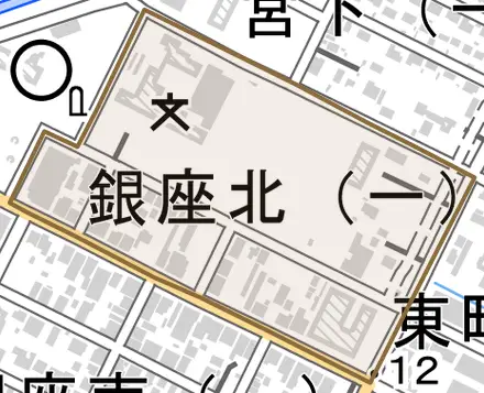 銀座北とその周辺の地図。町の範囲を重ねている