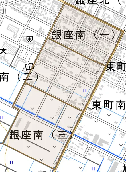 銀座南とその周辺の地図。町の範囲を重ねている