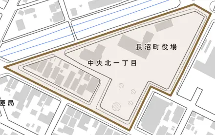 中央北とその周辺の地図。町の範囲を重ねている
