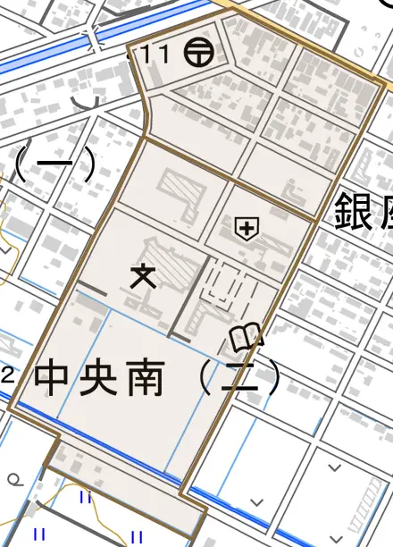 中央南とその周辺の地図。町の範囲を重ねている