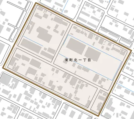 東町北とその周辺の地図。町の範囲を重ねている