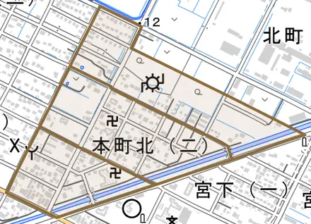 本町北とその周辺の地図。町の範囲を重ねている