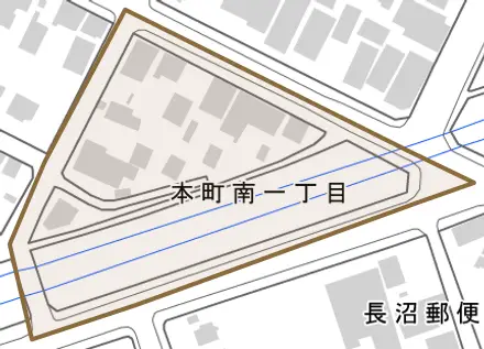 本町南とその周辺の地図。町の範囲を重ねている