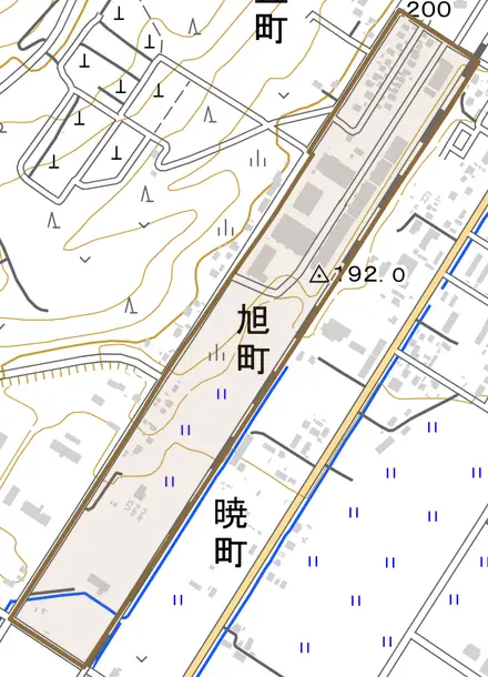 旭町とその周辺の地図。町の範囲を重ねている