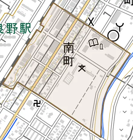 南町とその周辺の地図。町の範囲を重ねている