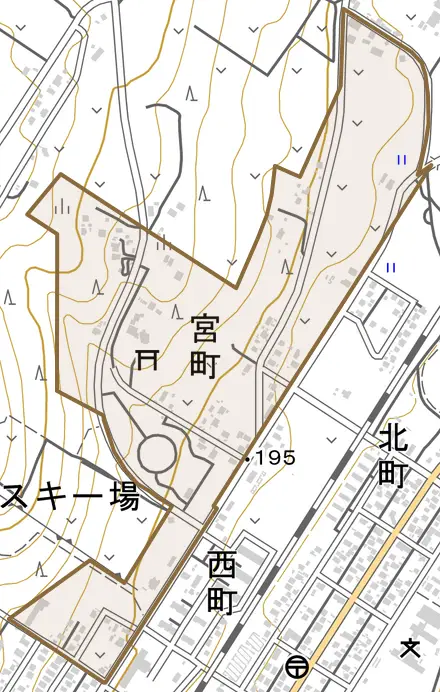 宮町とその周辺の地図。町の範囲を重ねている