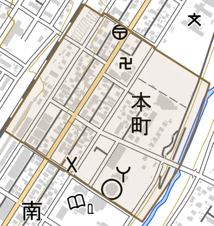 本町とその周辺の地図。町の範囲を重ねている