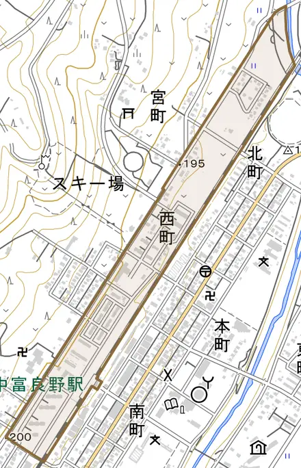 西町とその周辺の地図。町の範囲を重ねている