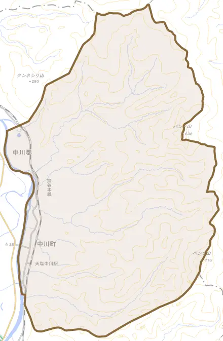 字中川とその周辺の地図。町の範囲を重ねている