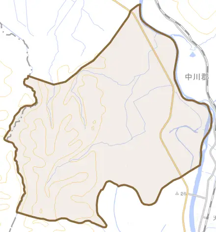 字大富とその周辺の地図。町の範囲を重ねている