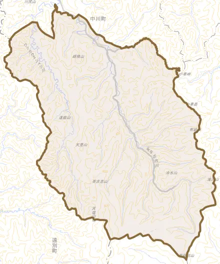 字板谷とその周辺の地図。町の範囲を重ねている