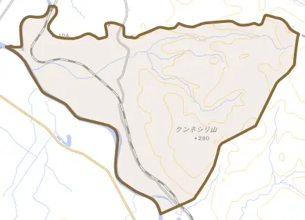 字歌内とその周辺の地図。町の範囲を重ねている