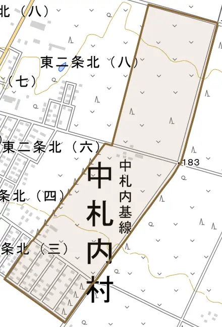中札内基線とその周辺の地図。町の範囲を重ねている