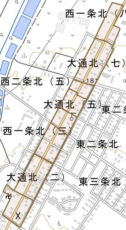 大通北とその周辺の地図。町の範囲を重ねている
