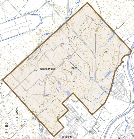 東中とその周辺の地図。町の範囲を重ねている