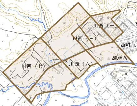 川西とその周辺の地図。町の範囲を重ねている
