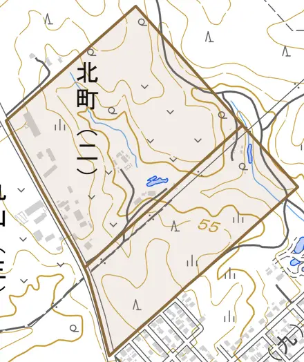 北町とその周辺の地図。町の範囲を重ねている