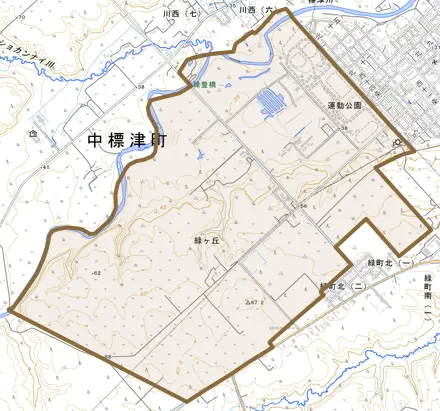 緑ヶ丘とその周辺の地図。町の範囲を重ねている