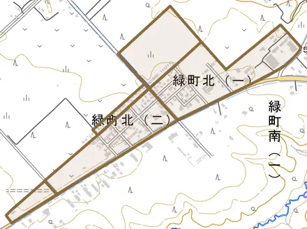 緑町北とその周辺の地図。町の範囲を重ねている