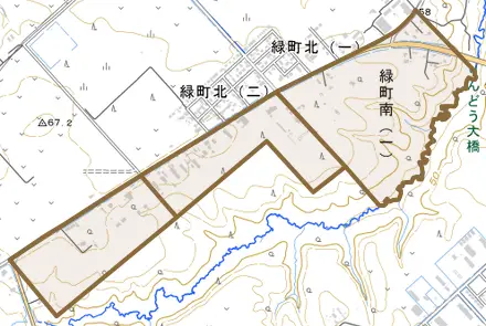 緑町南とその周辺の地図。町の範囲を重ねている