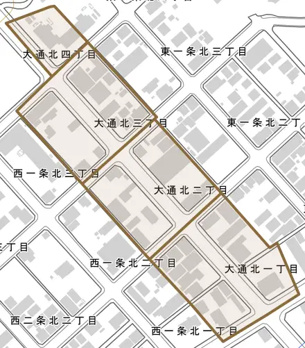 大通北とその周辺の地図。町の範囲を重ねている
