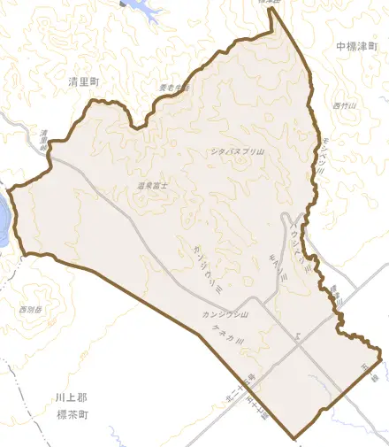 字養老牛とその周辺の地図。町の範囲を重ねている