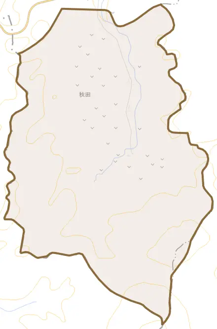 字秋田とその周辺の地図。町の範囲を重ねている