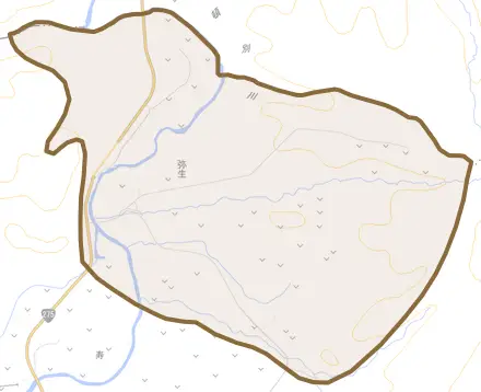字弥生とその周辺の地図。町の範囲を重ねている