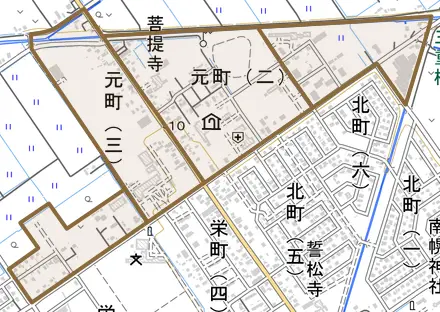 元町とその周辺の地図。町の範囲を重ねている
