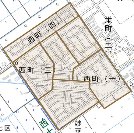 西町とその周辺の地図。町の範囲を重ねている
