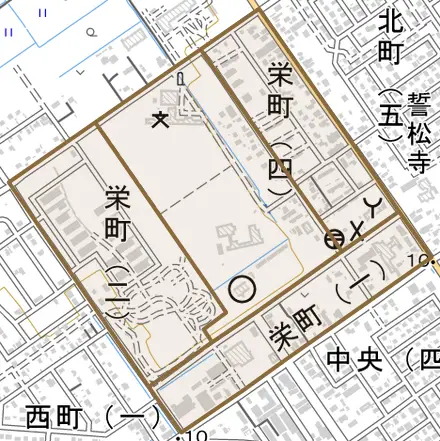 栄町とその周辺の地図。町の範囲を重ねている