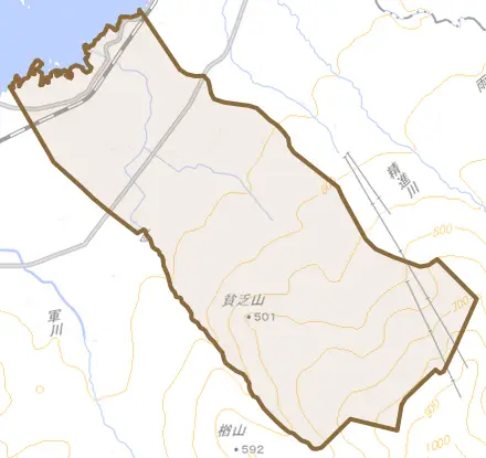 字軍川とその周辺の地図。町の範囲を重ねている
