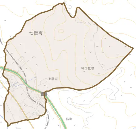 字上藤城とその周辺の地図。町の範囲を重ねている