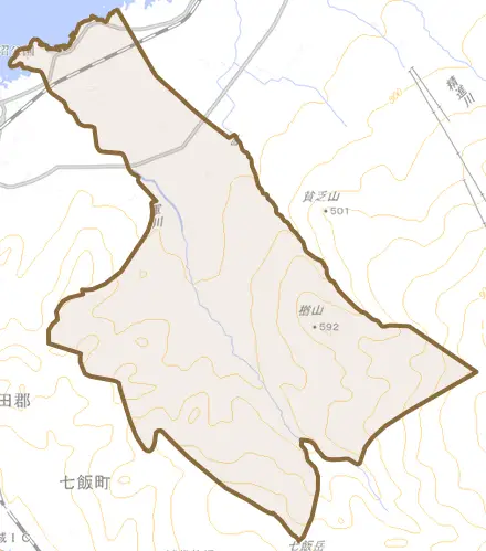 字上軍川とその周辺の地図。町の範囲を重ねている