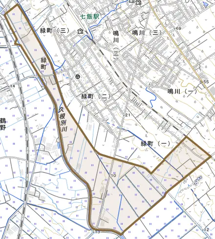 字緑町とその周辺の地図。町の範囲を重ねている