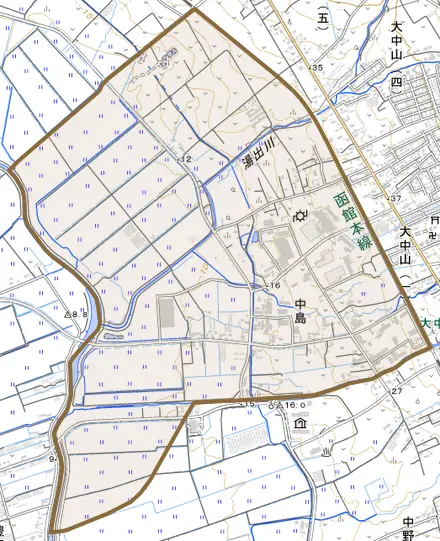 字中島とその周辺の地図。町の範囲を重ねている