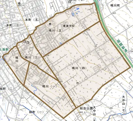 鳴川とその周辺の地図。町の範囲を重ねている