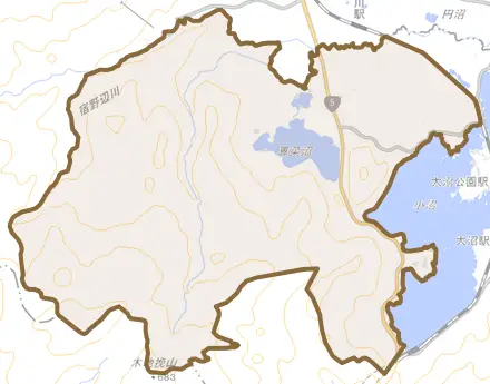 字西大沼とその周辺の地図。町の範囲を重ねている