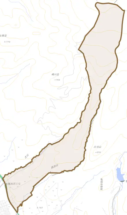 字大川とその周辺の地図。町の範囲を重ねている