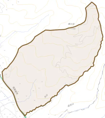 字大中山とその周辺の地図。町の範囲を重ねている