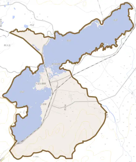 字大沼町とその周辺の地図。町の範囲を重ねている