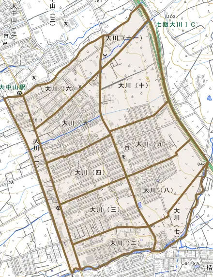 大川とその周辺の地図。町の範囲を重ねている