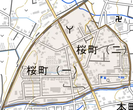 桜町とその周辺の地図。町の範囲を重ねている