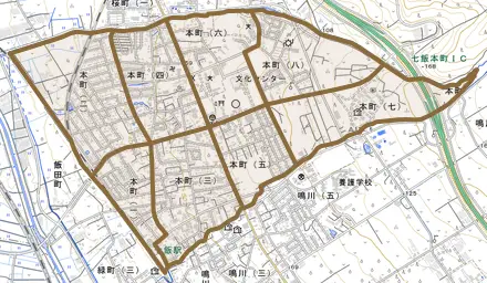 本町とその周辺の地図。町の範囲を重ねている