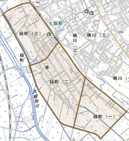 緑町とその周辺の地図。町の範囲を重ねている