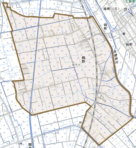 字鶴野とその周辺の地図。町の範囲を重ねている