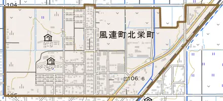 風連町北栄町とその周辺の地図。町の範囲を重ねている